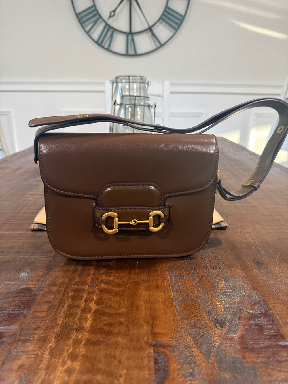 Classic Brown Leather Crossbody Bag with Gold Hardware